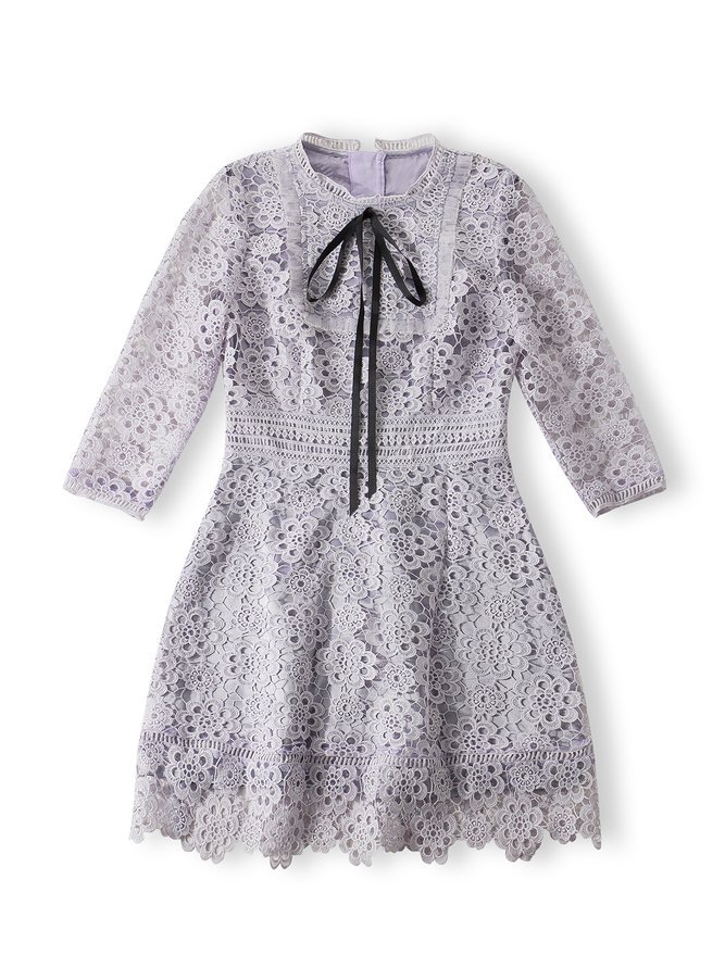 Lace 3/4 Sleeve Stand Collar Crocheted Girly Mini Dress